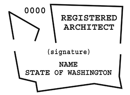 Image of the official seal for Registered Architects in the State of Washington. The image has a set of numbers in the upper left corner, with a line drawing of Washington State. Inside the drawing are the words "Registered Architect (signature) Name State of Washington".