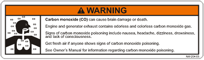 Warning label describing that carbon monoxide can cause brain damage or death.