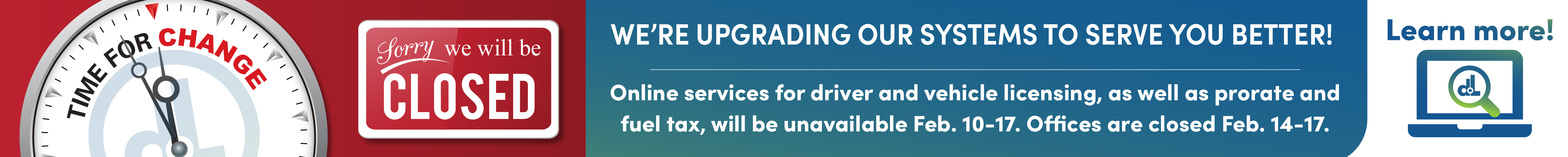 We're upgrading our systems to serve you better! Driver and vehicle/boat services will be unavailable February 14-17. Online services will be down February 10-17.