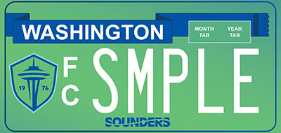 Image depicting the Seattle Sounders special license plate design; A green background with white text reading "FC SMPLE" and the Sounders' logo in blue