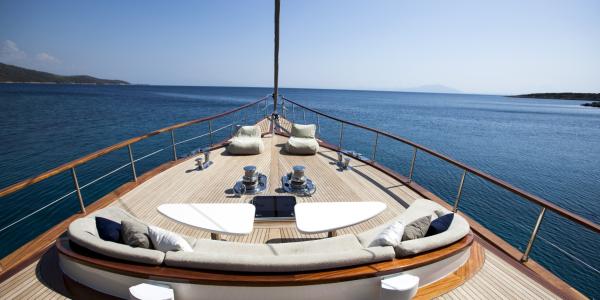 Luxury sailboat at sea.