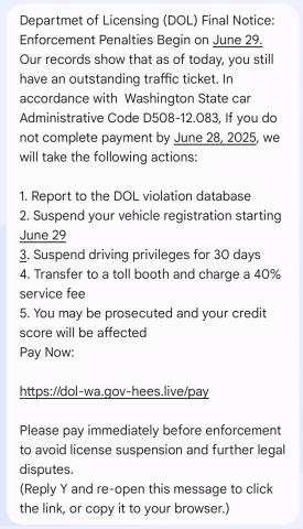 screenshot of traffic ticket fee scam text message describing how recipient must pay ticket now or have license suspended
