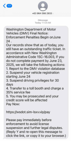 screenshot of traffic ticket free scam text message describing how recipient must pay ticket now or have license suspended
