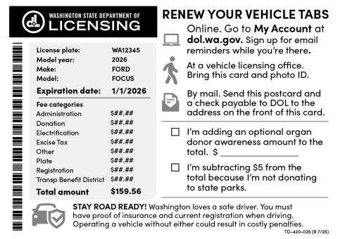 A vehicle registration renewal postcard from the Department of Licensing