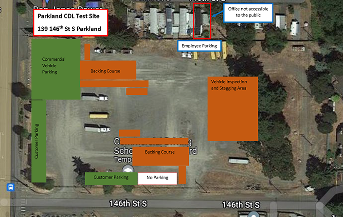 Aerial photo of Parkland CDL testing location parking lot. Further details below.